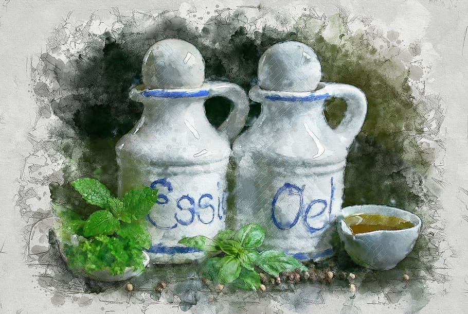 two white ceramic jar and green leaf plants painting, oil and vinegar, HD wallpaper