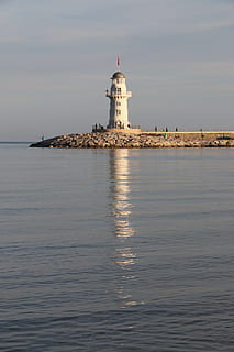 Lantern, Lighthouse, Landscape, blue, sunset, sky, clouds, port HD wallpaper