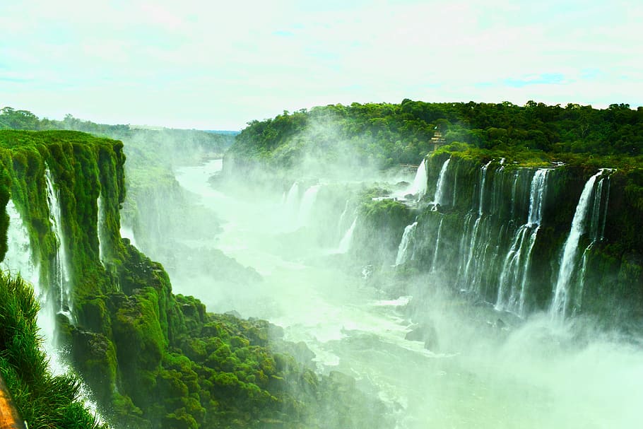 Misty scenic photo of Iguazu Falls, Brazil, waterfall, nature HD wallpaper