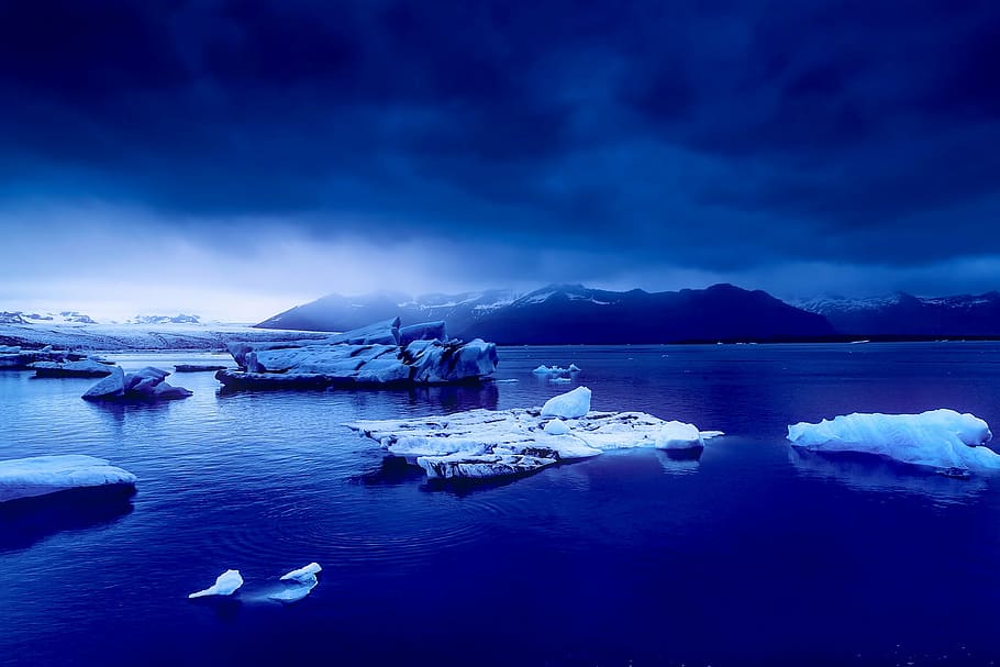 body of water and ice formations, iceland, blue, sunset, dusk, HD wallpaper