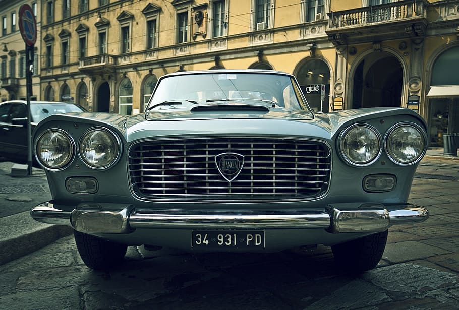 blue car, lancia, vintage, streets, cobblestone, city, automotive HD wallpaper