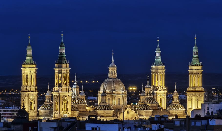 brown mosque, Saragossa, Pillar, Night, Cathedral, church, spain HD wallpaper