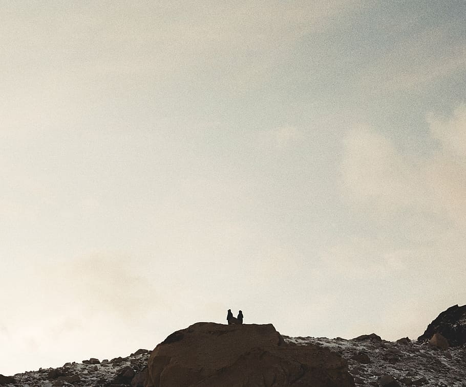 two person on top rock, mountain, gray, sky, sunshine, mountains HD wallpaper