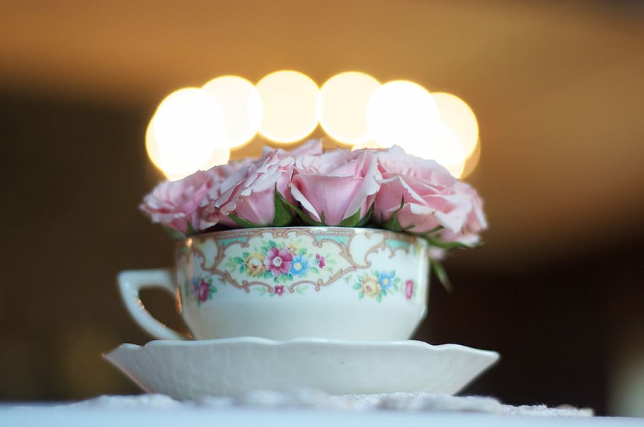 white ceramic cup with saucer, wedding, tea cup, flower, coffee, HD wallpaper