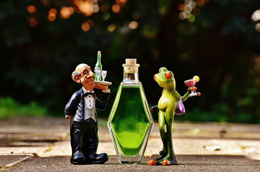 waiter, frog, chick, beverages, bottle, alcohol, figures, drink HD wallpaper