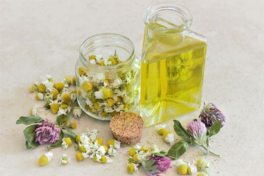 yellow flowers in clear mason jars, chamomile, oil, aromatherapy