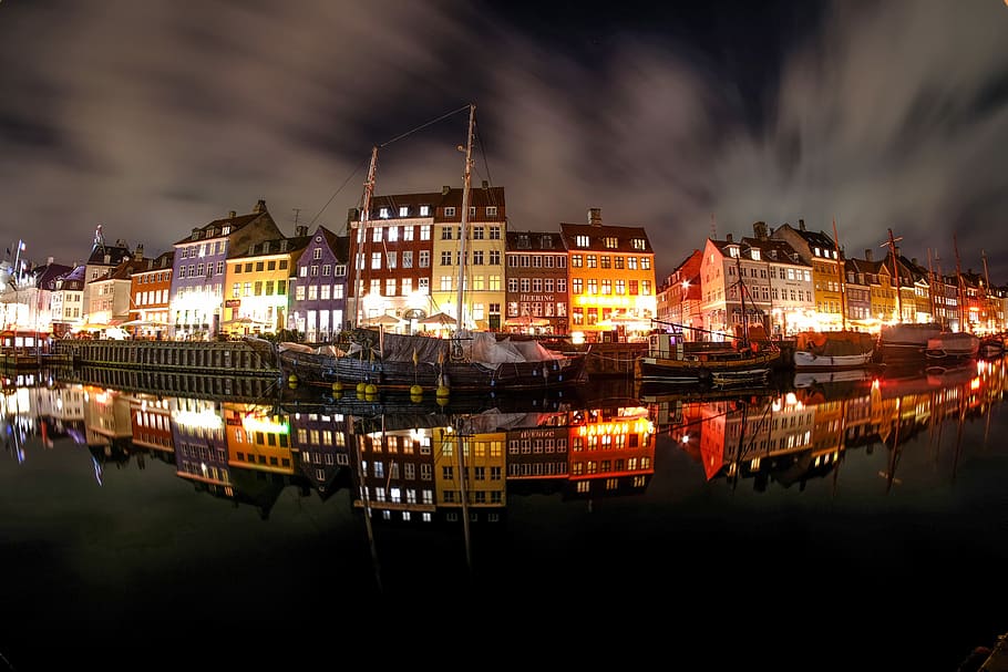 fish eye photo of buildings during night time, panorama photography of house infront of body of water HD wallpaper