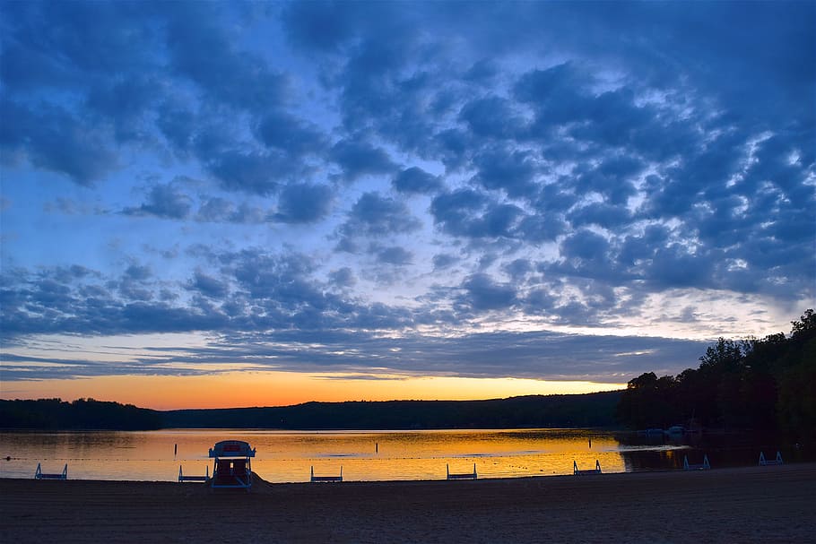 lake, sunset, clouds, sky, water, landscape, nature, reflection HD wallpaper