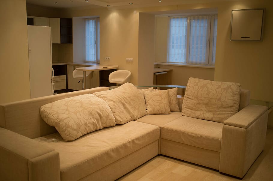 throw pillows on white corner sofa, apartment, chair, furniture HD wallpaper