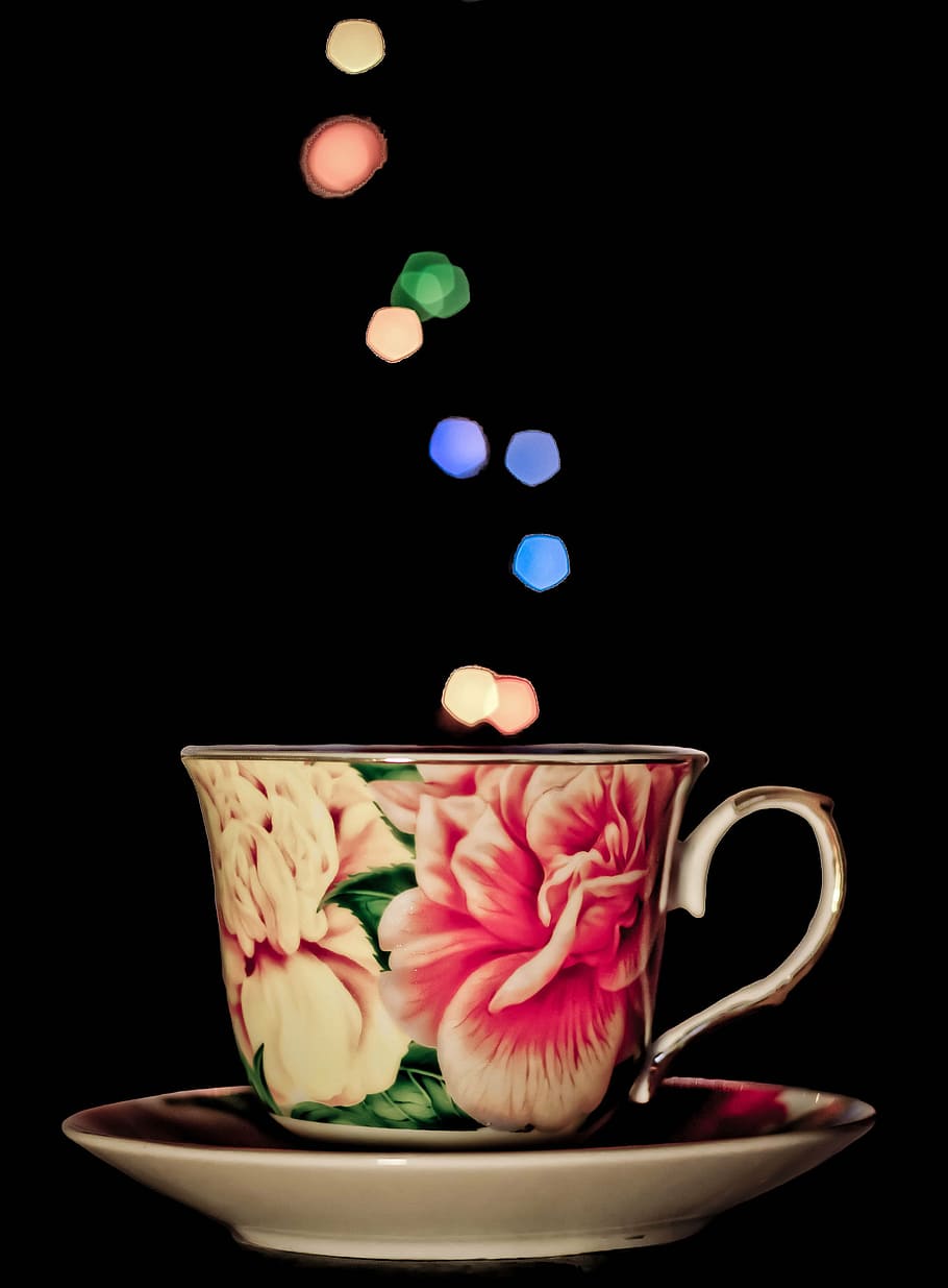 floral tea cup on the saucer, mug, bokeh, lights, drink, heat - Temperature HD wallpaper