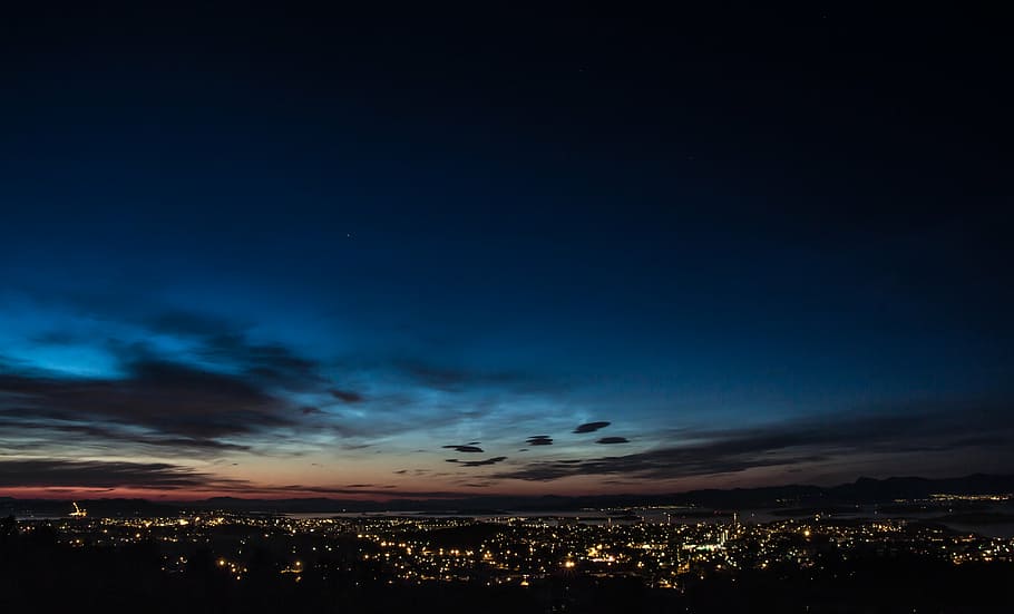 night, mountain, views, stavanger, sky, clouds, blue, orange HD wallpaper
