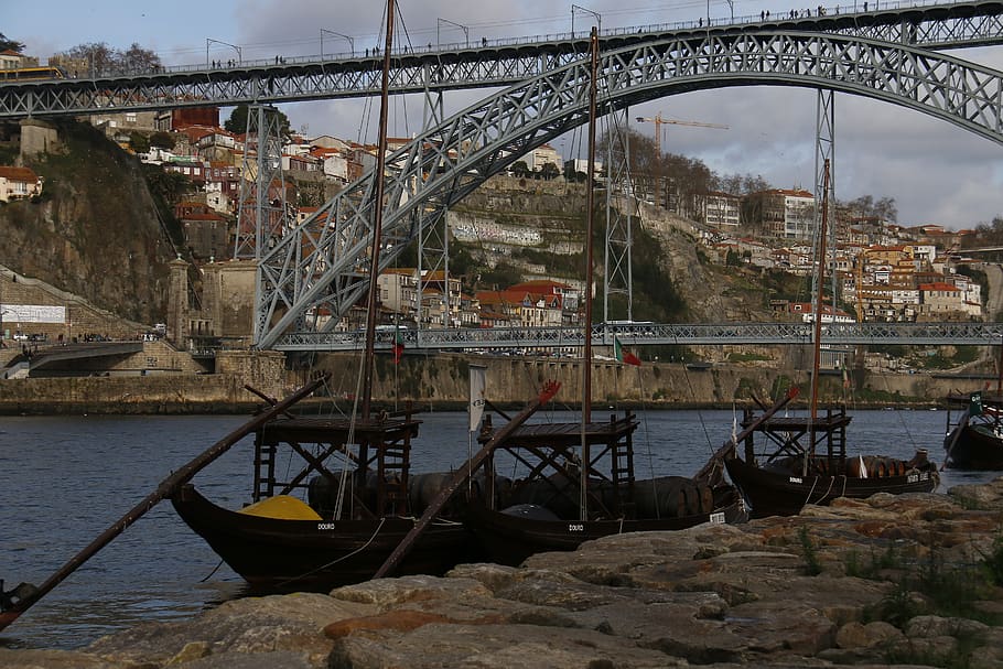 bridge, porto, vessel, river douro, portugal, boat, wooden boat, HD wallpaper