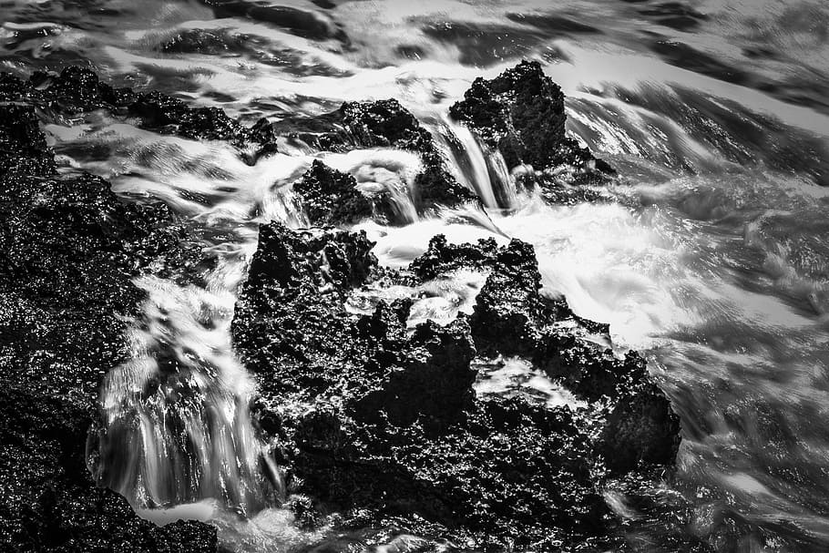 rock, wave, water, liquid, nature, sea, motion, long exposure HD wallpaper
