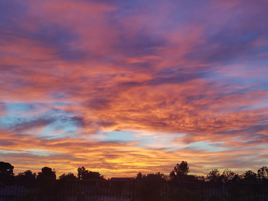 purple sky, sunset, bright sky, clouds, silhouette, dramatic sky HD wallpaper