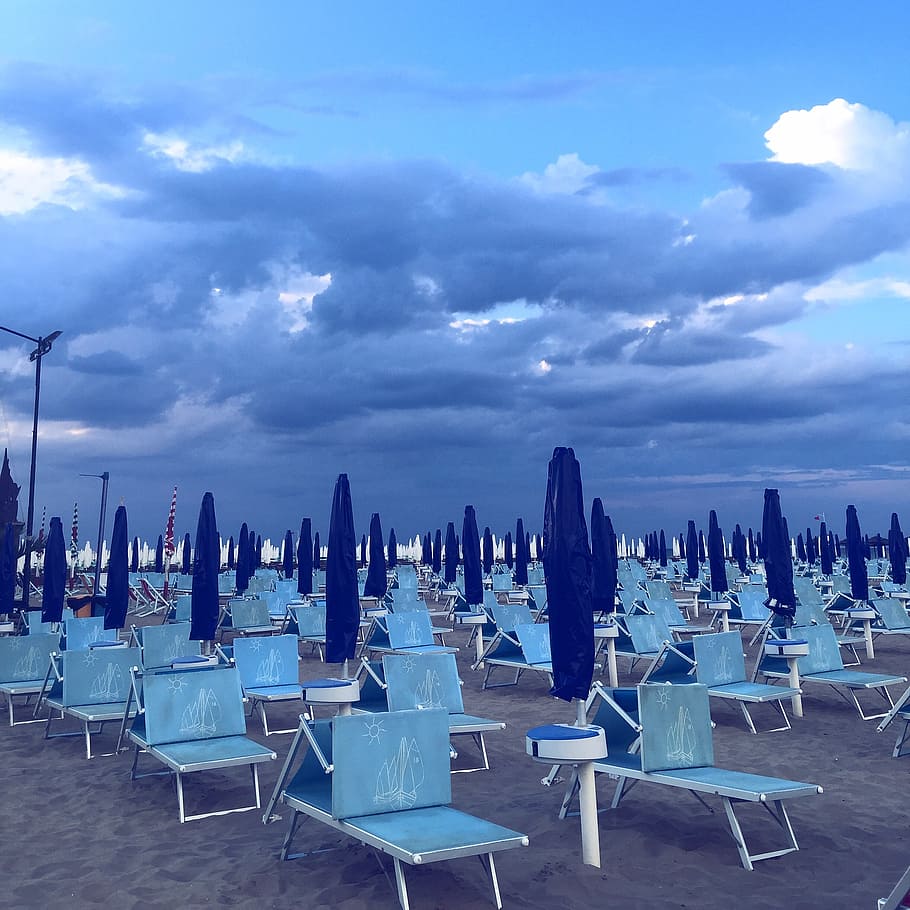 beach, summer, rain, clouds, blue, sky, sea, vacations, chair HD wallpaper