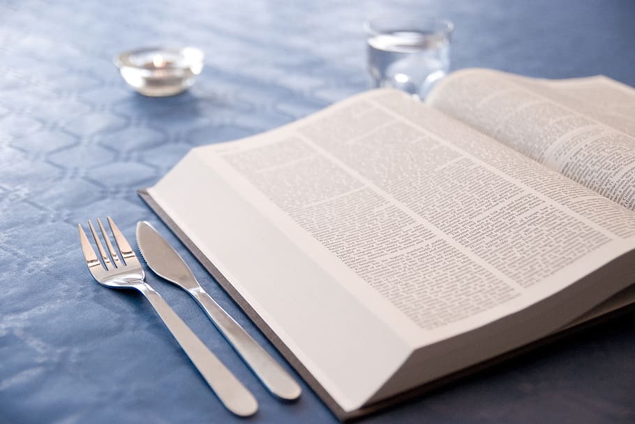 book, cutlery, dining, reading, knife, fork, studying, blue HD wallpaper