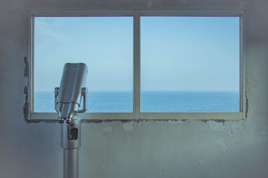 The best time in morning, gray telescope beside clear glass window near body of water HD wallpaper