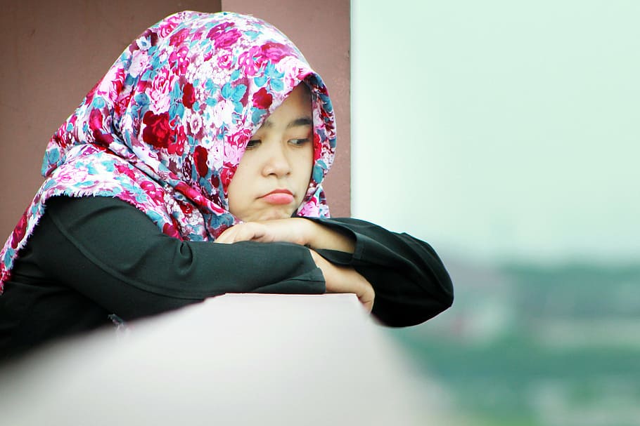 photo of girl on terrace, hijab, female, indonesia, portrait