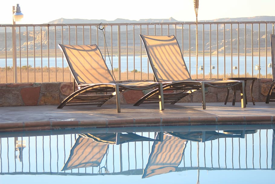 deckchairs, mirror image, leisure, reflection, pool, no people HD wallpaper