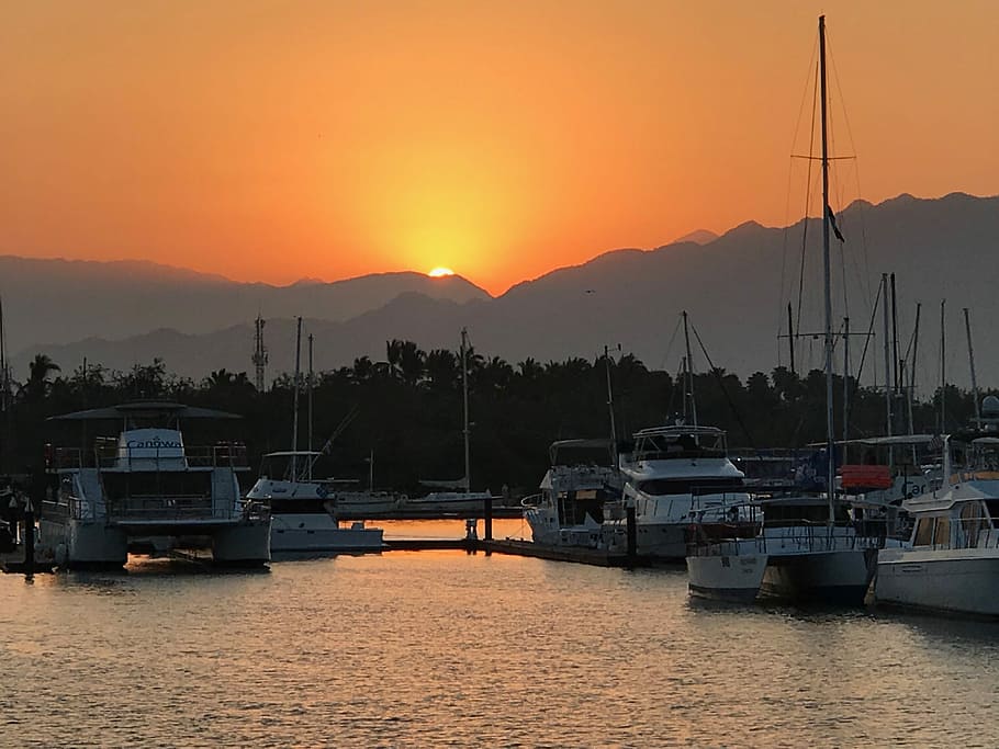 white yachts during sunset, assorted white boats on seaside, mountain range HD wallpaper