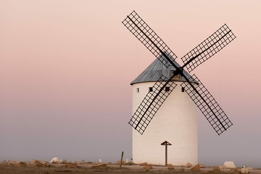 white and gray windmill under cloudy sky at daytime, sunset HD wallpaper