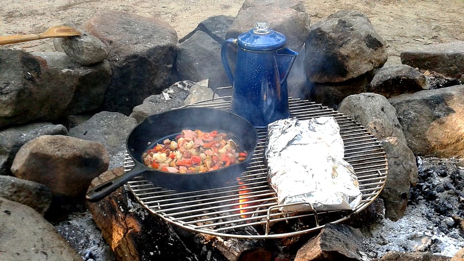 camping, breakfast, coffee, fire, food, food and drink, rock HD wallpaper