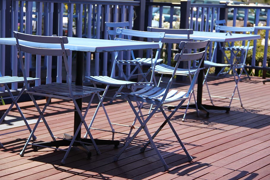 garden table, dining tables, seat, cafe, blue, chairs, terrace HD wallpaper