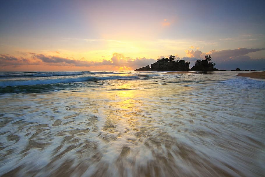 beach, dawn, dusk, nature, ocean, reflection, sand, scenic HD wallpaper