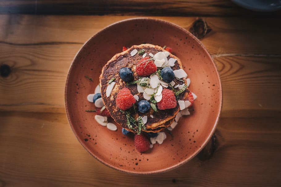 pancake, raspberry, blueberry, fruit, food, food and drink HD wallpaper