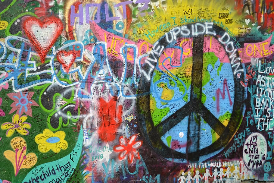 peace sign graffiti, lennon wall, prague, love, street, urban, HD wallpaper