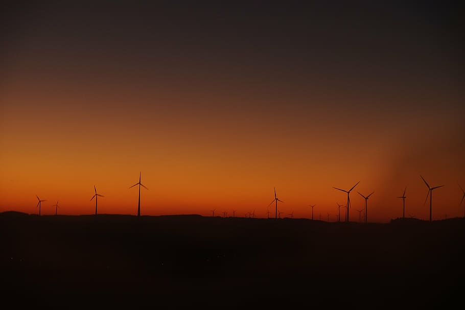 wind turbines, sunset, landscape, dark, night, windmill, energy HD wallpaper