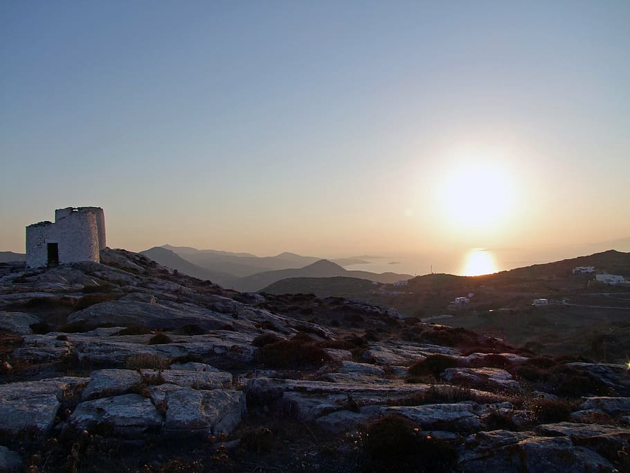 greece, mills, ruins, tower, back light, old, amorgos, stone HD wallpaper