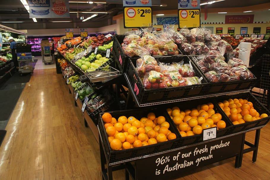 assorted fruits on fruit stand inside grocery, Supermarket, Shelves
