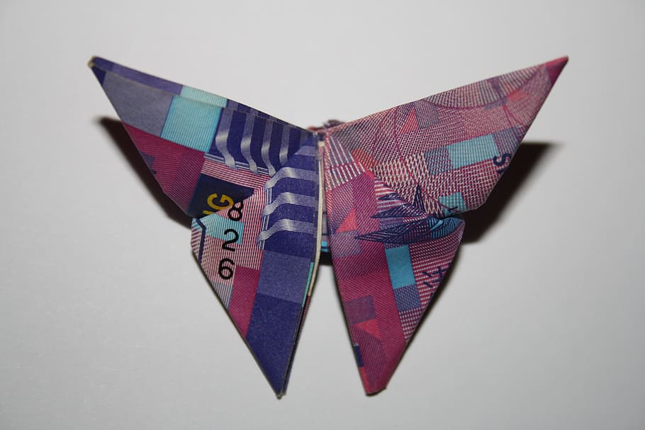 purple and pink bow tie, dollar, hong kong, butterfly, origami, HD wallpaper
