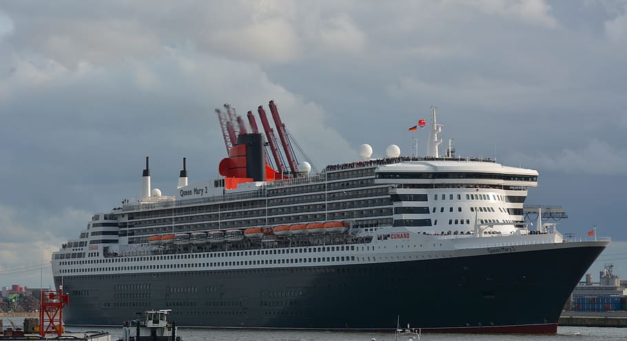 white and black cruise ship ahead, transport, queen mary 2, water transport cruise, HD wallpaper