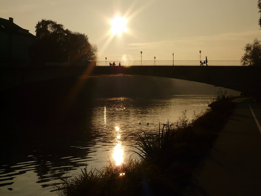 river, bridge, web, water, sun, back light, silhouette, sky HD wallpaper