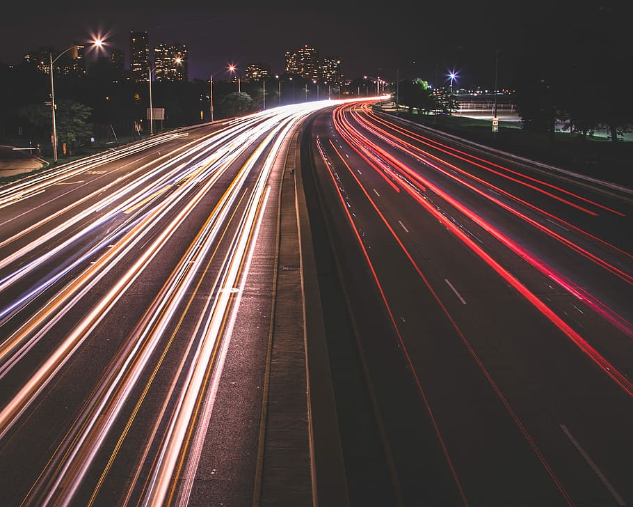 lighting photography of road, time-lapse photography of vehicles traveling on road at night time HD wallpaper