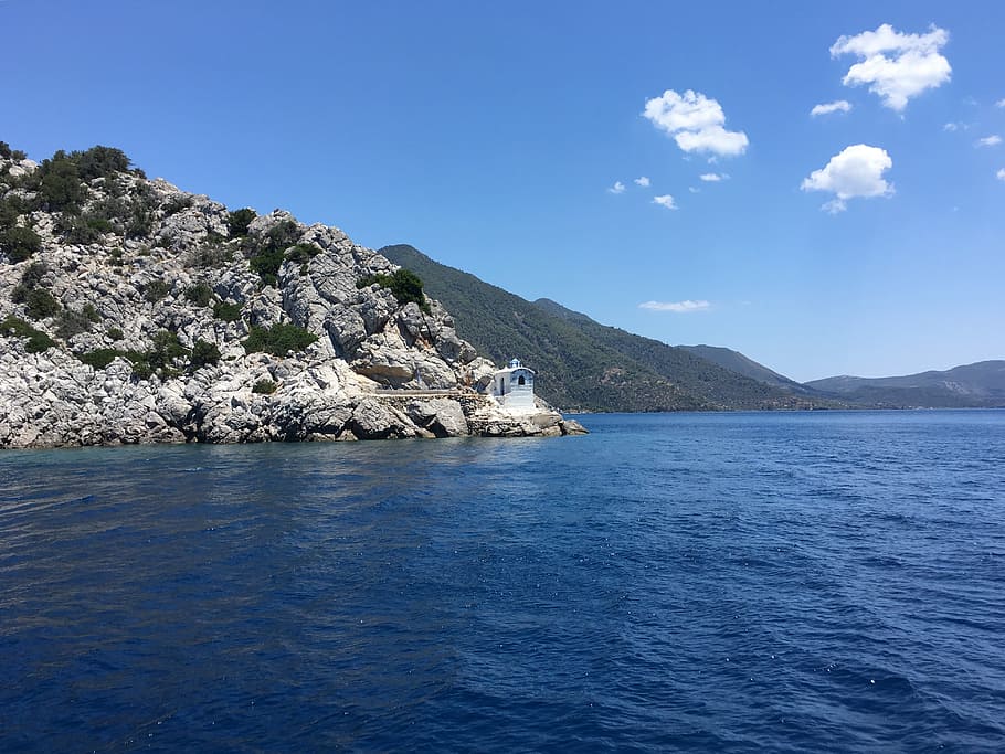 greece, sea, chapel, water, mountain, beauty in nature, scenics - nature HD wallpaper