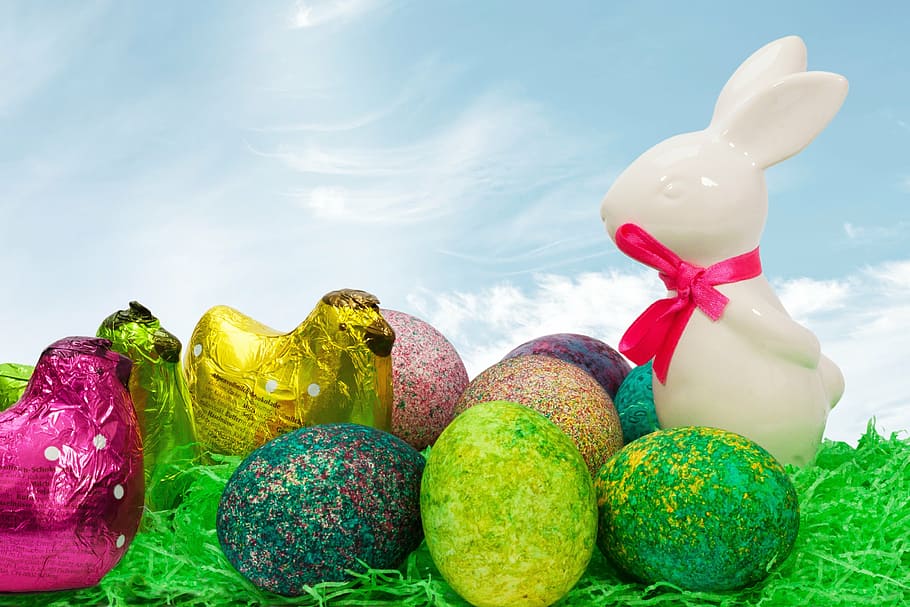 white eastern bunny figurine, easter nest, easter bunny, porcelain HD wallpaper