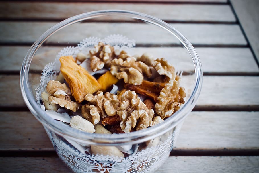 bowl of nuts, dried fruit, walnuts, coconut, mango, cashew nuts HD wallpaper
