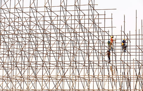 several men on bamboo scaffolding, workers, construction, site HD wallpaper
