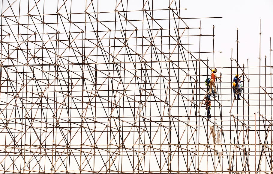 several men on bamboo scaffolding, workers, construction, site HD wallpaper