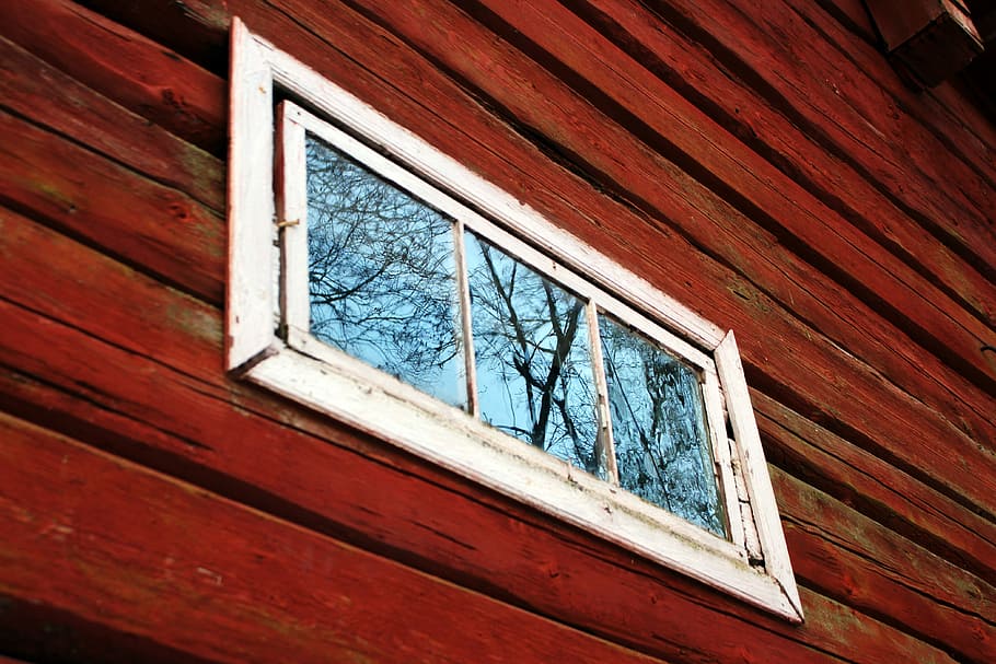 white framed glass-mirror, reflection, barn, red, farm, building HD wallpaper