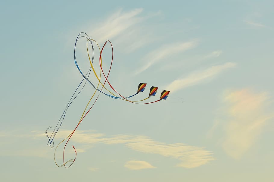 wind kite, blue sky, air, clouds, flying, cloud - sky, nature HD wallpaper