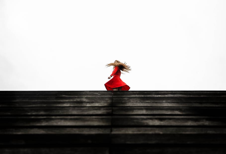 woman in red dress, woman wearing red long-sleeved dress standing on top of stairs during daytime, HD wallpaper