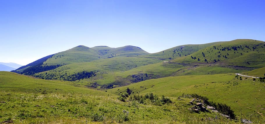 mountains, meadows, green, landscape, sky, high mountains, field HD wallpaper