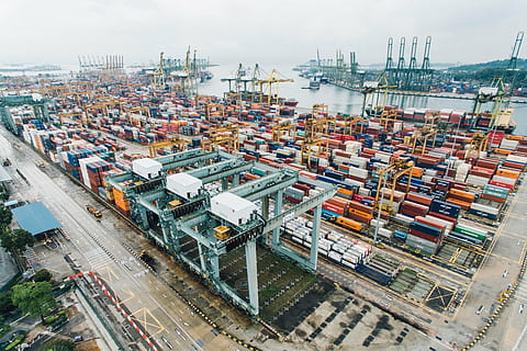 aerial photography of container vans on sea dock, export, travel HD wallpaper