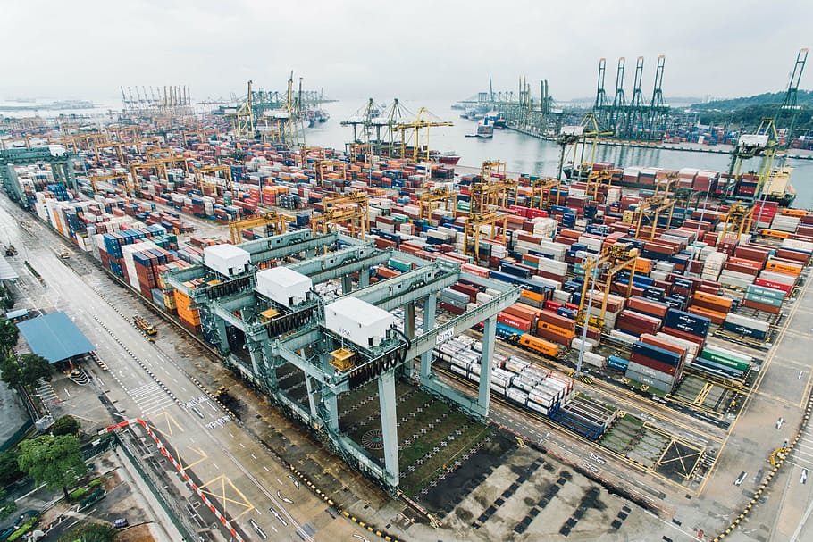 aerial photography of container vans on sea dock, export, travel HD wallpaper