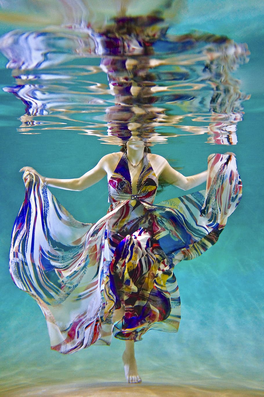 underwater photography of woman in dress swimming, photography of woman in multicolored dress under water HD wallpaper