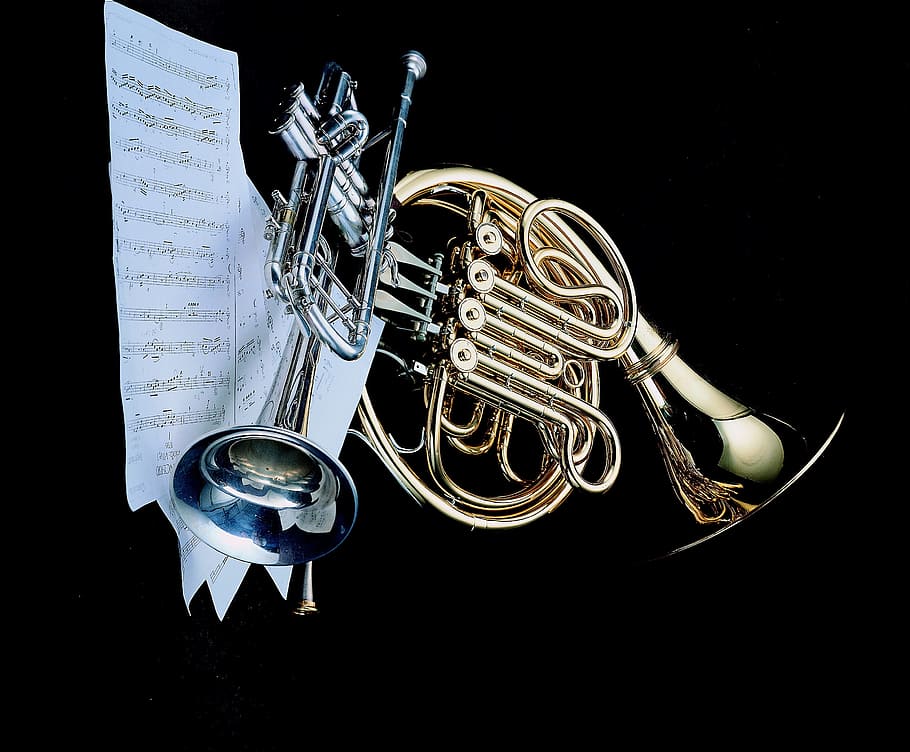 gray trumpet, small speakers, french hao, music sheet music, musical instrument, HD wallpaper